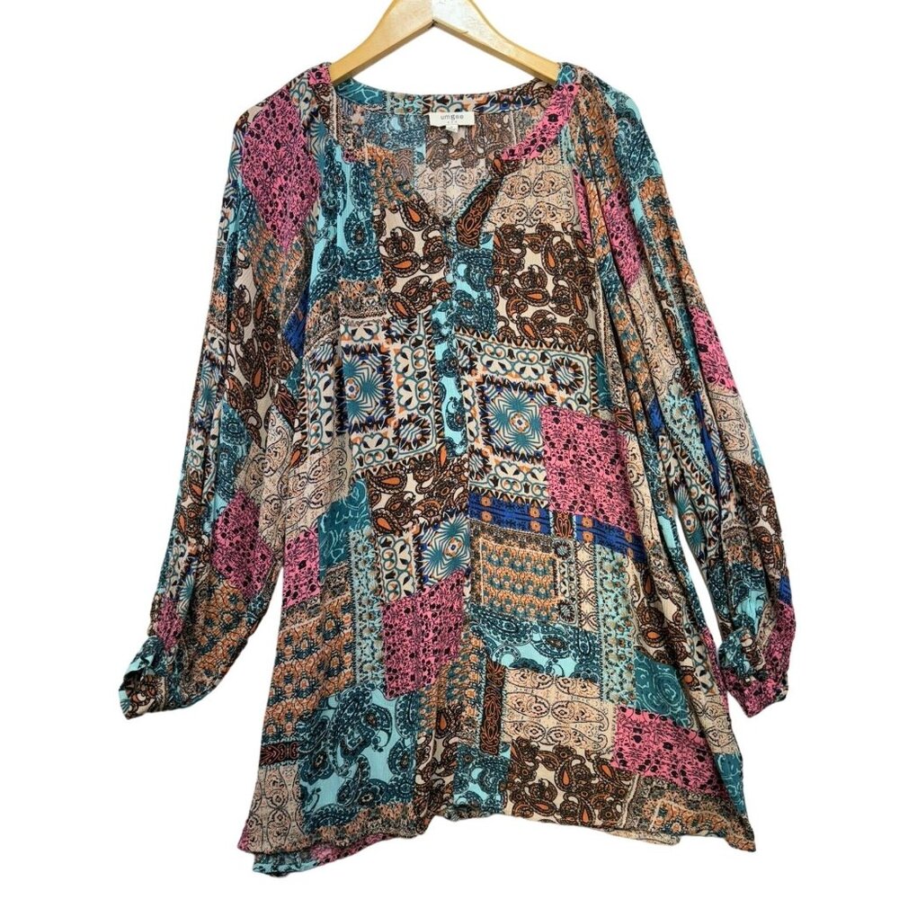 Umgee Womens Patchwork Pattern Long Sleeve Shirt Dress Size S Multicolor Flowy